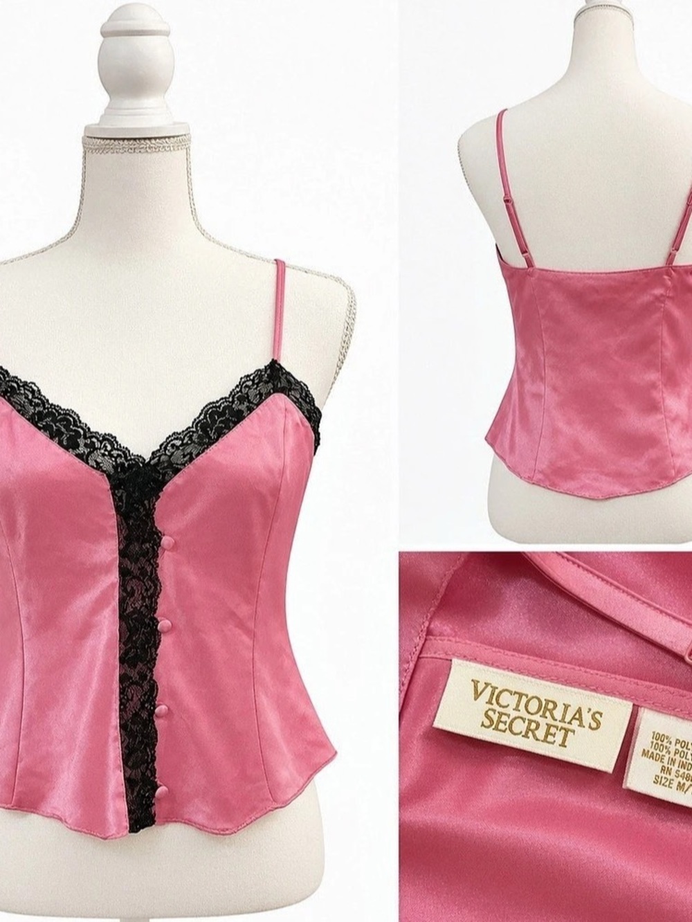 Victoria's Secret Satin Lace-Trim Button-Front Cami Pink